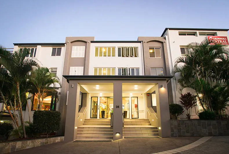 Front entrance of Caloundra Central Apartment Hotel, a popular Caloundra conference venue on the Sunshine Coast.