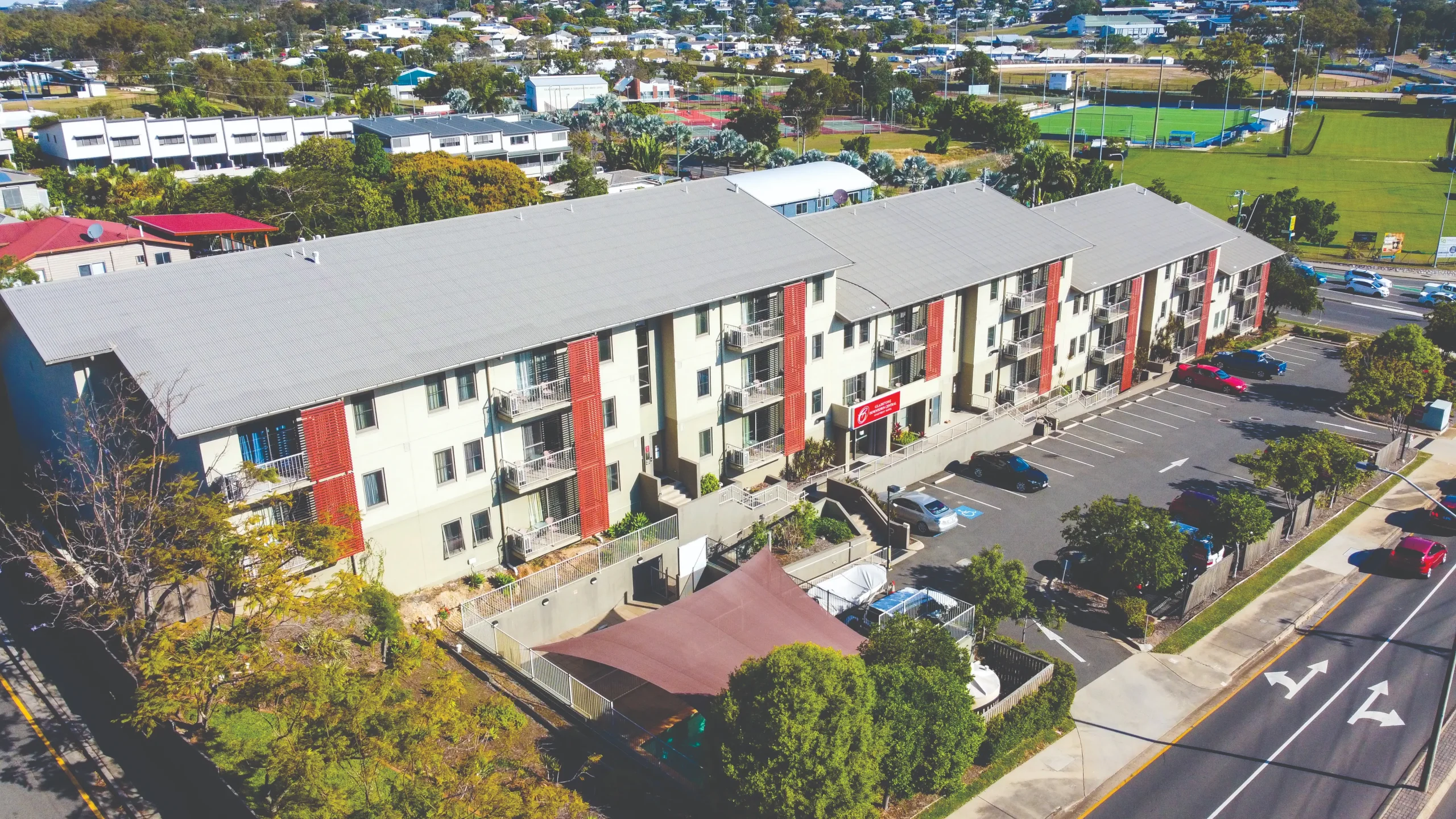 Aerial view of Gladstone Downtown Central Apartment Hotel, a well-located venue for Gladstone conference events and corporate stays.